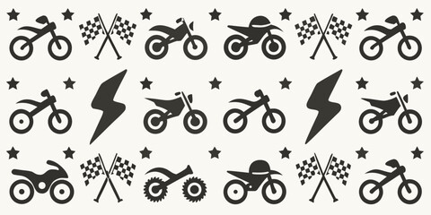 Collection of black motorcycle silhouettes with racing flags and stars on a light background