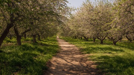 Pathway Through Blooming Orchard With Lush Green Grass. Serene Springtime Nature Scene