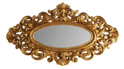 Antique mirror with ornate golden decorated frame, intricate carvings and elegant vintage charm, reflecting timeless luxury and classical royal style isolated on white or transparent png background 