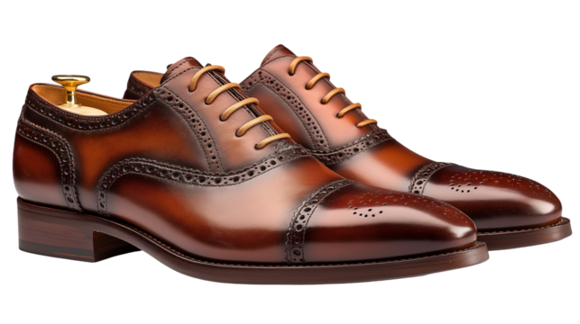 Brown leather pair of shoes isolated on white background or transparent png, stylish classic footwear with polished finish for formal or casual wear.