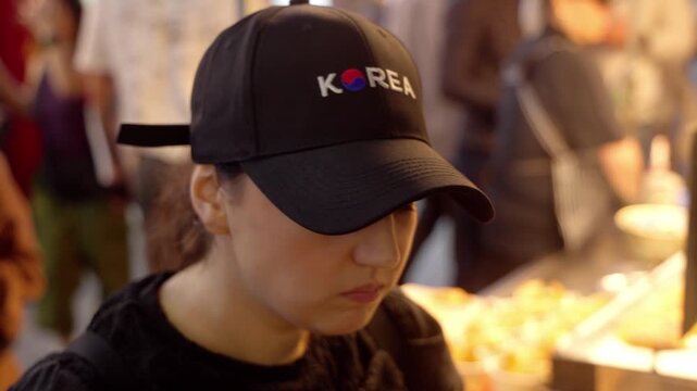 Woman wearing a baseball cap looking thoughtful in a bustling Seoul outdoor market