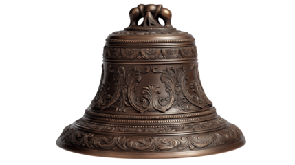 Aged bronze church bell with weathered metal surface, hanging from wooden beam, echoing deep historic chimes and traditional sacred charm isolated on white or transparent png 