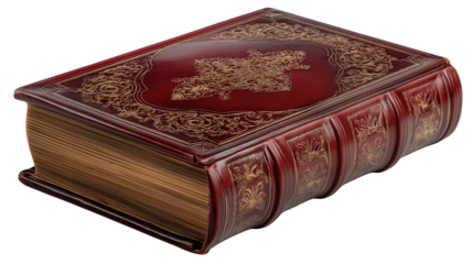 Old antique book with leather cover isolated on white background or transparent png, vintage classic literature tome with worn textured binding.