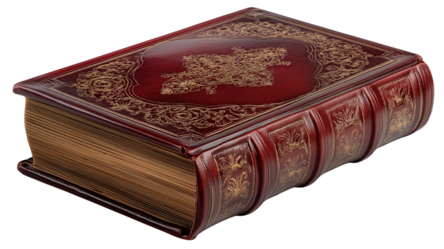 Old antique book with leather cover isolated on white background or transparent png, vintage classic literature tome with worn textured binding.