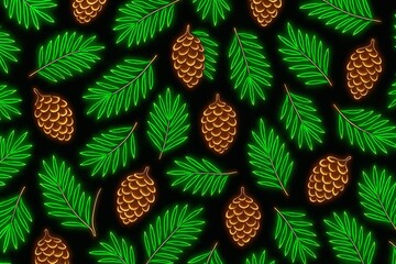 Seamless neon pattern with pine branches and cones — a bright symbol of New Year and winter holidays.