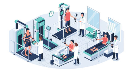 Isometric illustration of a physical therapy clinic with patients and medical staff using rehabilitation equipment.