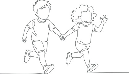 Vector art of continuous line drawing of two kids running