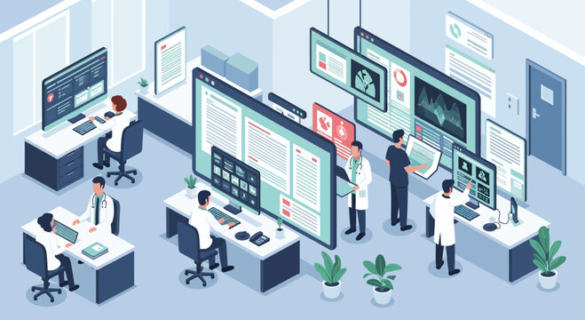Modern medical office with doctors and nurses working with advanced technology and digital displays.