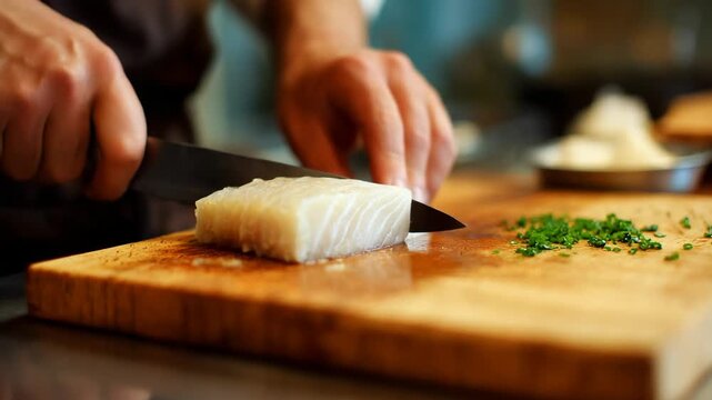 Chef carefully slicing fresh cod on a wooden cutting board in a professional kitchen