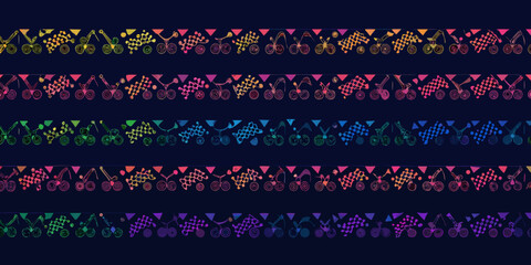Whimsical rainbow bicycle pattern with checkered flags and bunting on dark blue background