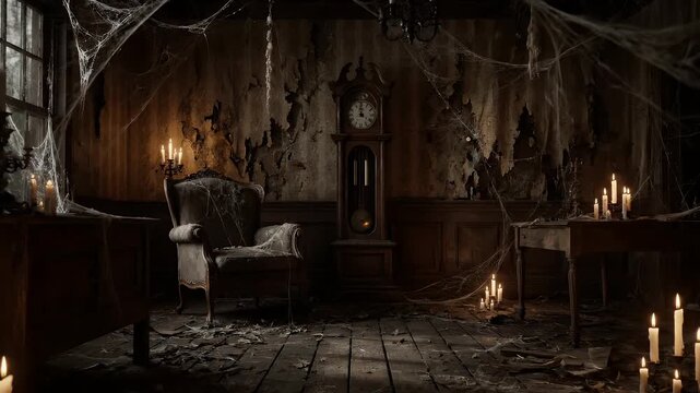 Creepy Abandoned Room with Cobwebs and Candles.