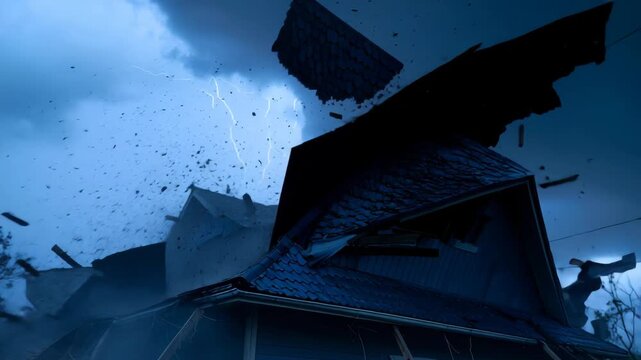 Dark stormy disaster scene with flying torn metal debris and intense atmospheric motion
