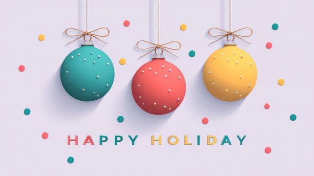 Three colorful hanging easter eggs with bows and confetti on a light background with happy holiday text