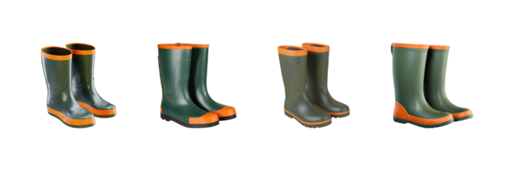 Green And Orange Rubber Boots Set. Outdoor And Gardening Footwear Collection Isolated On Transparent Background