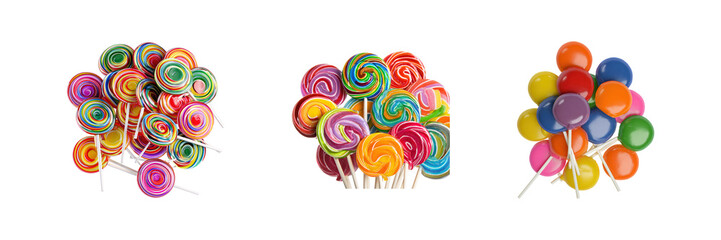 Colorful Lollipop Assortment Set. Sweet Treats And Candy Collection Isolated On Transparent Background