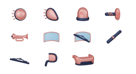 Set of car part icons, including headlights, taillights, sirens, horns, and wipers, isolated on transparent background