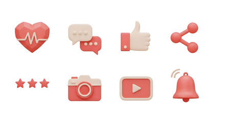 Set of 3d social media and communication icons isolated on transparent background