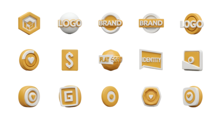 Collection of 3d golden icons and symbols isolated on transparent background