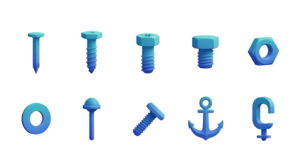 Collection of 3d hardware and tool icons isolated on transparent background