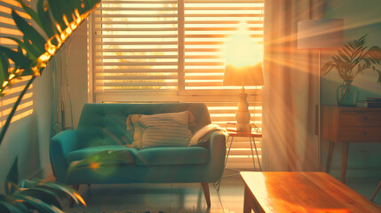 retro 1980s living room, pastel colors, vintage furniture, sunlight through blinds, cozy and stylish, cinematic 16:9