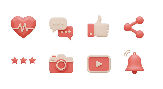 Set of 3d social media and communication icons isolated on transparent background