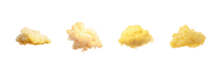 Fluffy Yellow Clouds Set. Dreamy And Imaginative Atmosphere Collection Isolated On Transparent Background