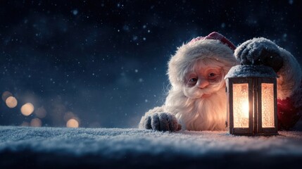 Cozy santa claus with glowing lantern in snowy winter night with bokeh lights and falling snow
