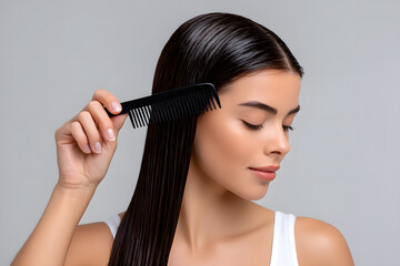 Obraz premium Woman combing sleek straight black hair with brush. Concept of hair strength, smoothness, and beauty care routine for healthy hair.