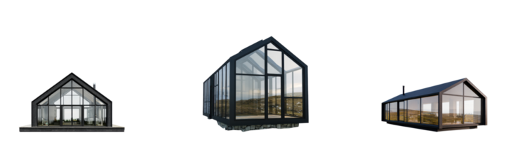 Modern Glass Cabin Architecture Set. Sustainable Living And Minimalist Design Collection Isolated On Transparent Background