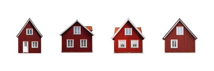 Red Wooden Houses Set. Scandinavian Architecture And Design Collection Isolated On Transparent Background