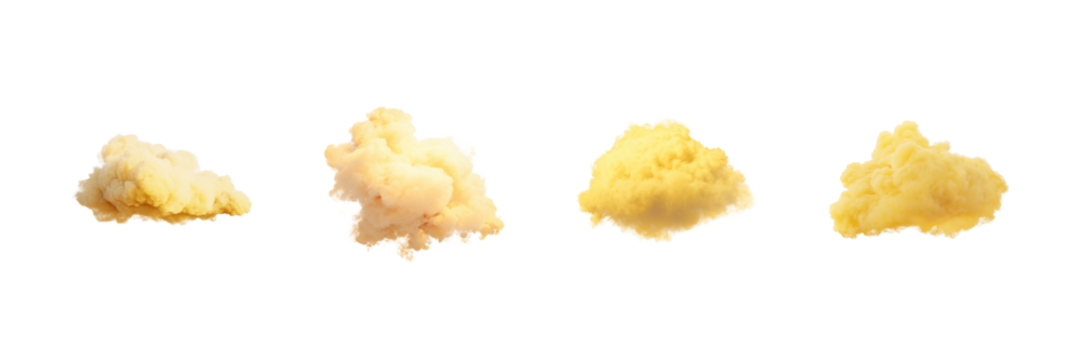 Fluffy Yellow Clouds Set. Dreamy And Imaginative Atmosphere Collection Isolated On Transparent Background