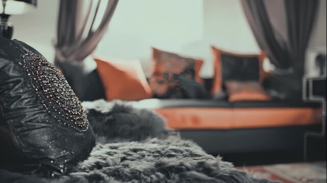 Close Up of a Stylish Decorative Pillow With Bedazzled Accent on a Cozy Couch