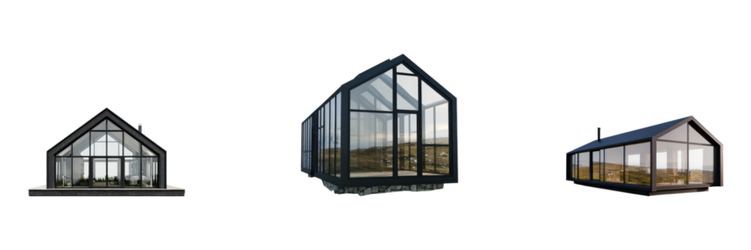 Modern Glass Cabin Architecture Set. Sustainable Living And Minimalist Design Collection Isolated On Transparent Background