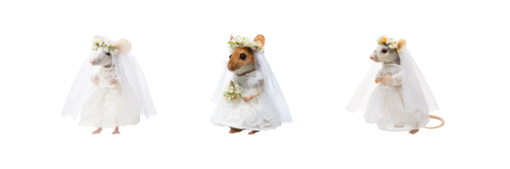 Mice In Bridal Attire Set. Whimsical Wedding Theme Collection Isolated On Transparent Background