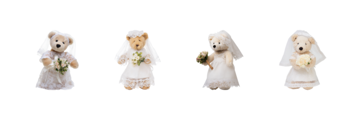 Teddy Bears In Bridal Attire Set. Wedding-Themed Plush Toy Collection Isolated On Transparent Background