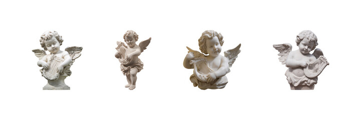 Obraz premium Cherubic Angel Statues With Harps Set. Classical Art And Decor Collection Isolated On Transparent Background