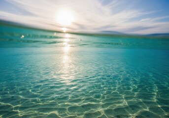 Obraz premium Sunlight reflecting on clear turquoise ocean surface and underwater view