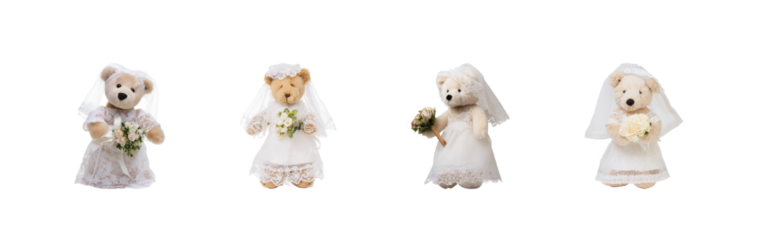 Teddy Bears In Bridal Attire Set. Wedding-Themed Plush Toy Collection Isolated On Transparent Background