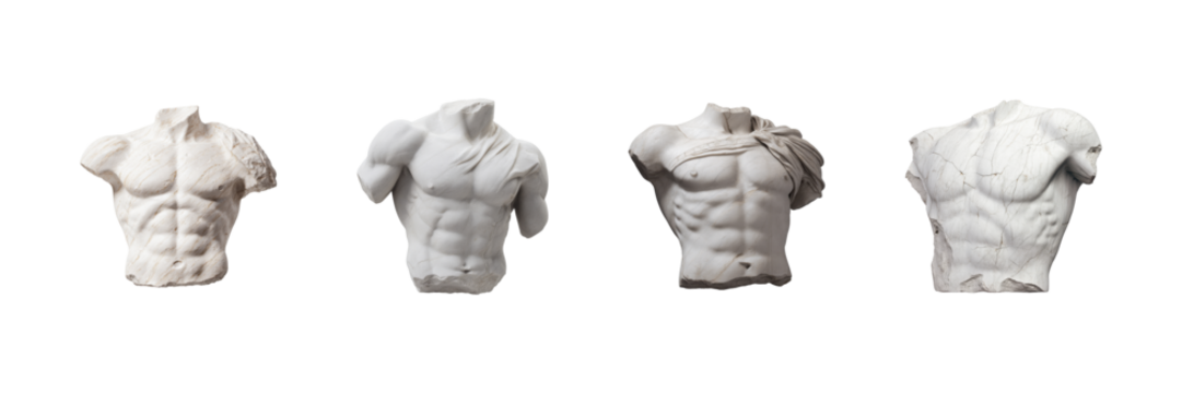 Classical Male Torso Sculptures Set. Ancient Art And Aesthetic Appreciation Collection Isolated On Transparent Background