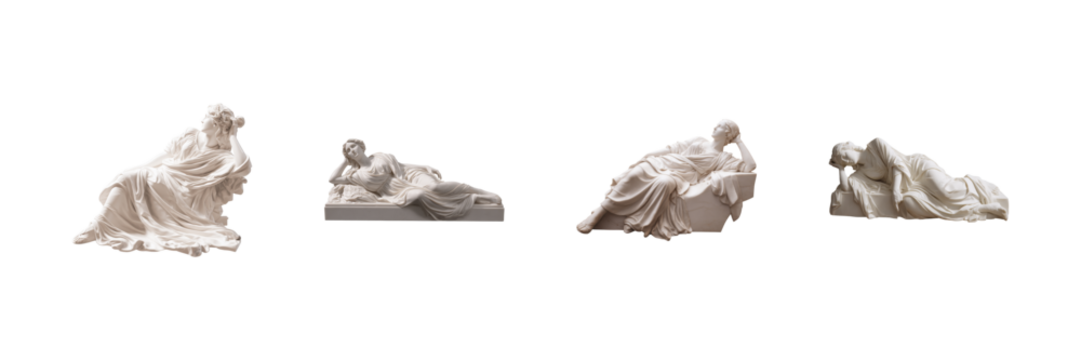 Reclining Female Sculptures Set. Classical Art And Elegance Collection Isolated On Transparent Background