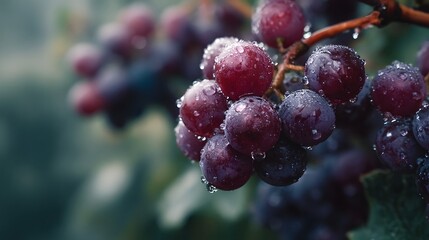 Close up of ripe red grapes glistening with dew drops on a vine
