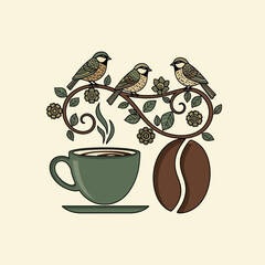 Three stylized brown and green birds perched on a decorative branch with leaves and flowers, above a steaming dark green coffee cup and a large brown coffee bea