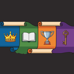 Crown, Book, Trophy, and Key on Colorful Scrolls