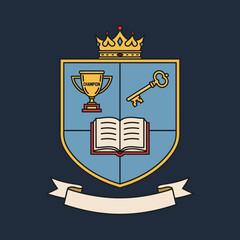 Elegant Crest Design Featuring Crown, Trophy, Key, and Open Book