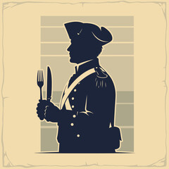 Silhouette of a historical figure holding a fork and knife