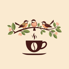 Stylized Coffee Cup with Steam and Birds Perched on Branch Illustration