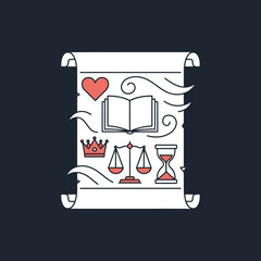 Curled white paper scroll displaying minimalist line art icons: heart, open book, crown, balance scale, hourglass.