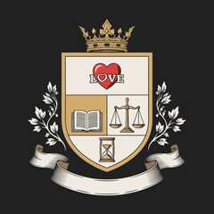 Ornate Crest with Crown, Heart, Book, Scales, and Hourglass Elements