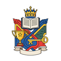 Detailed Vector Illustration of a Heraldic Emblem with Crown, Book, Key, and Trophy