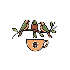 Minimalist illustration of three colorful birds perched on a leafy branch above a coffee cup.
